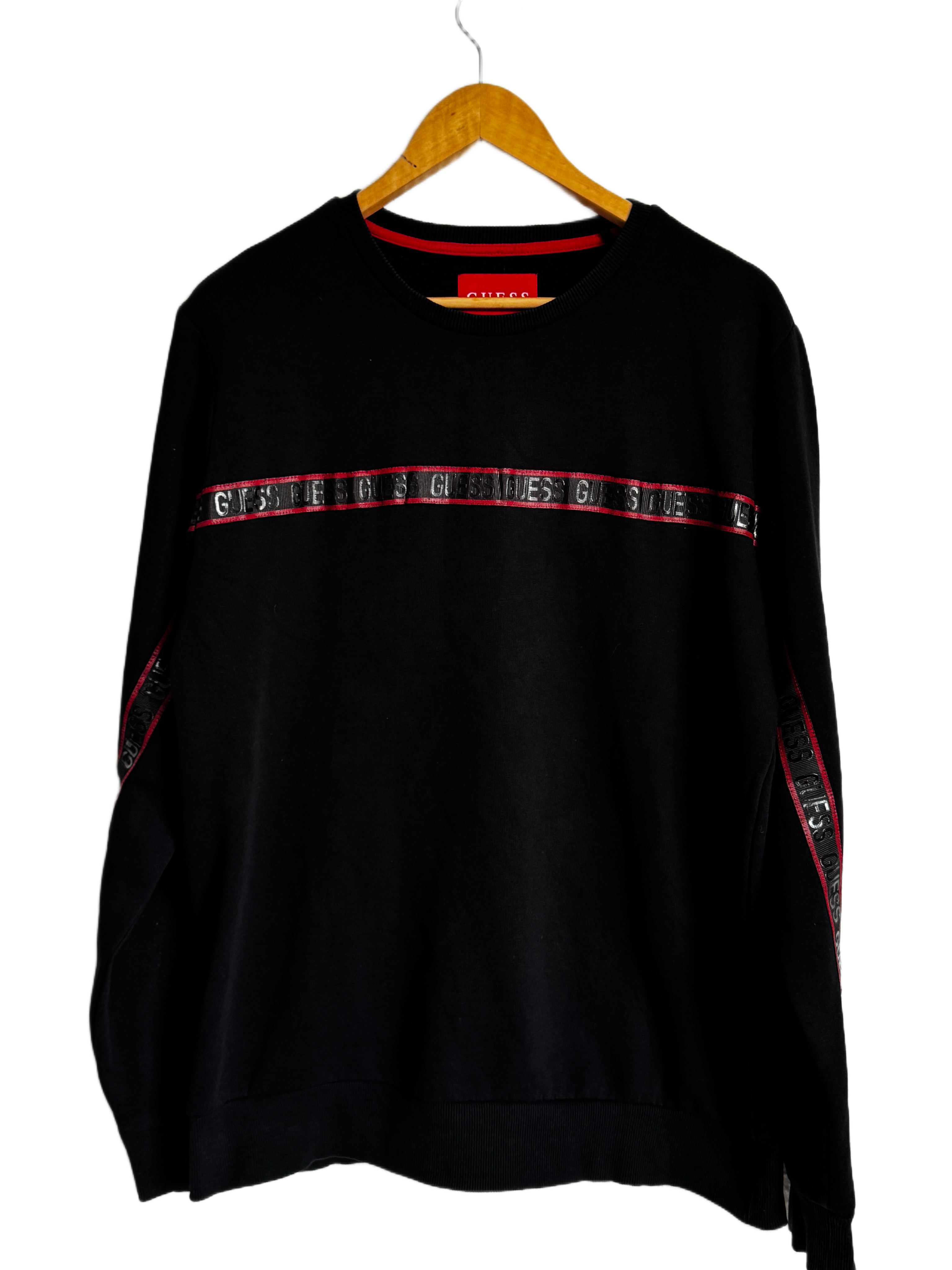GUESS Los Angeles Black Sweatshirt with Red Logo Stripe, Size L