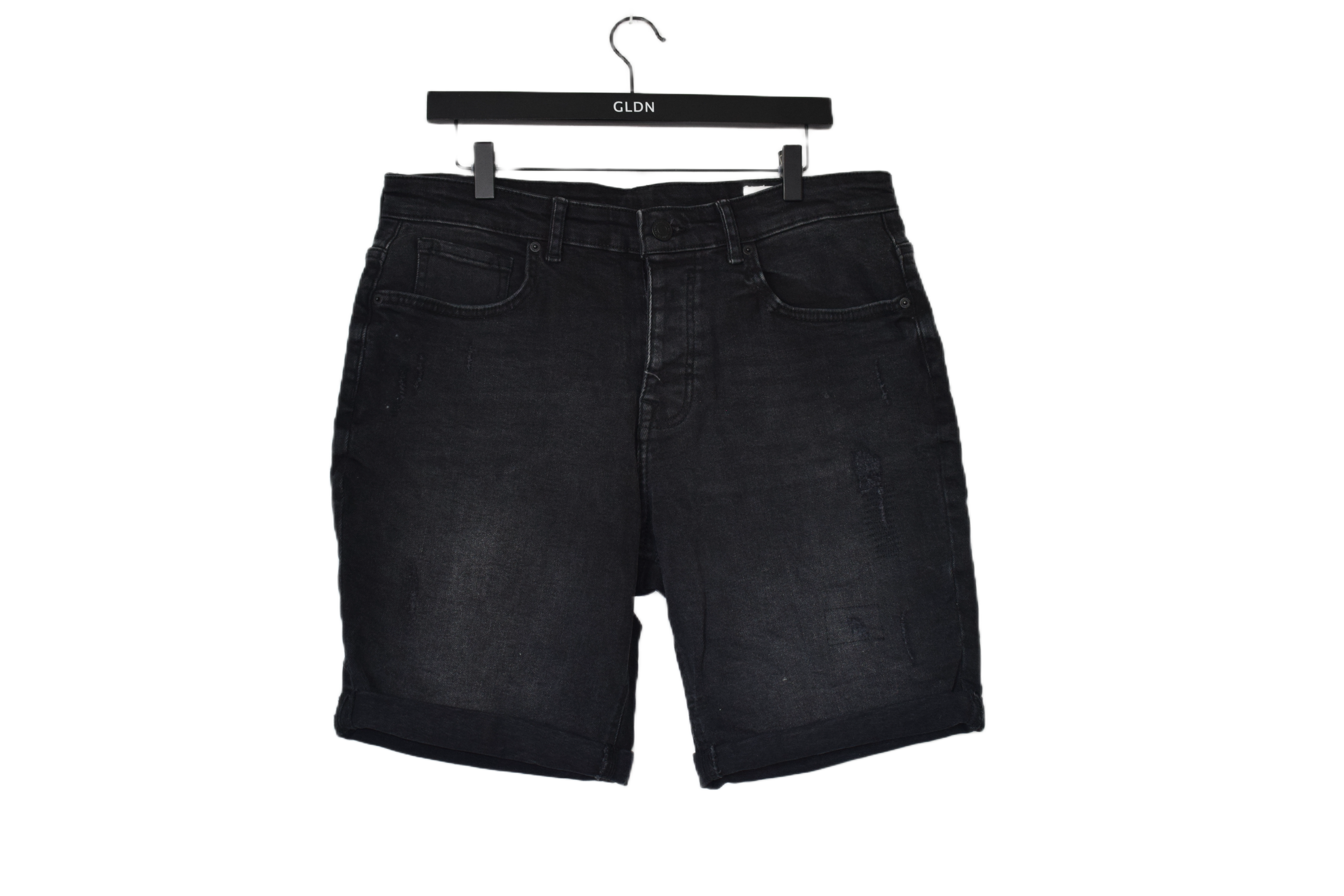 Men's Black Denim Straight Fit Distressed Shorts - W36