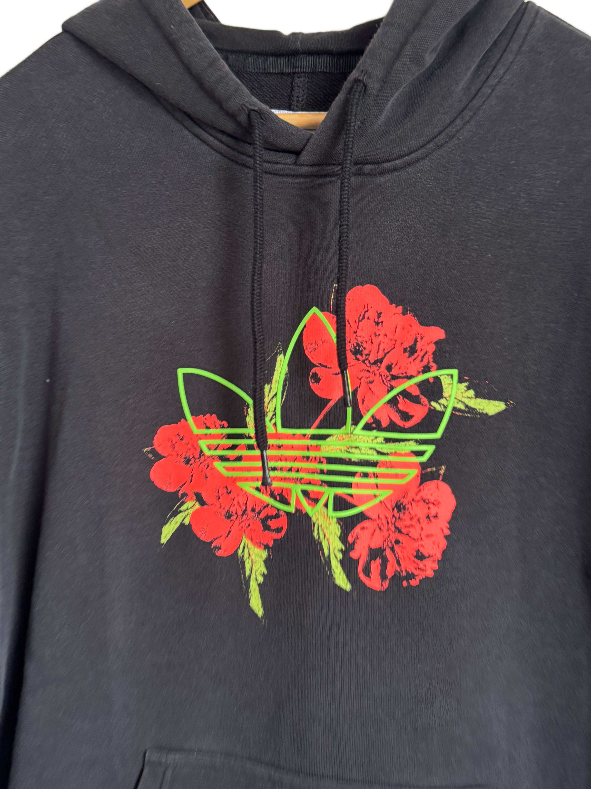 Adidas Trefoil Hoodie - Black with Floral Graphic Print- M