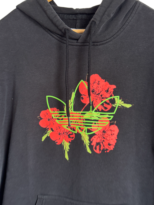 Adidas Trefoil Hoodie - Black with Floral Graphic Print- M