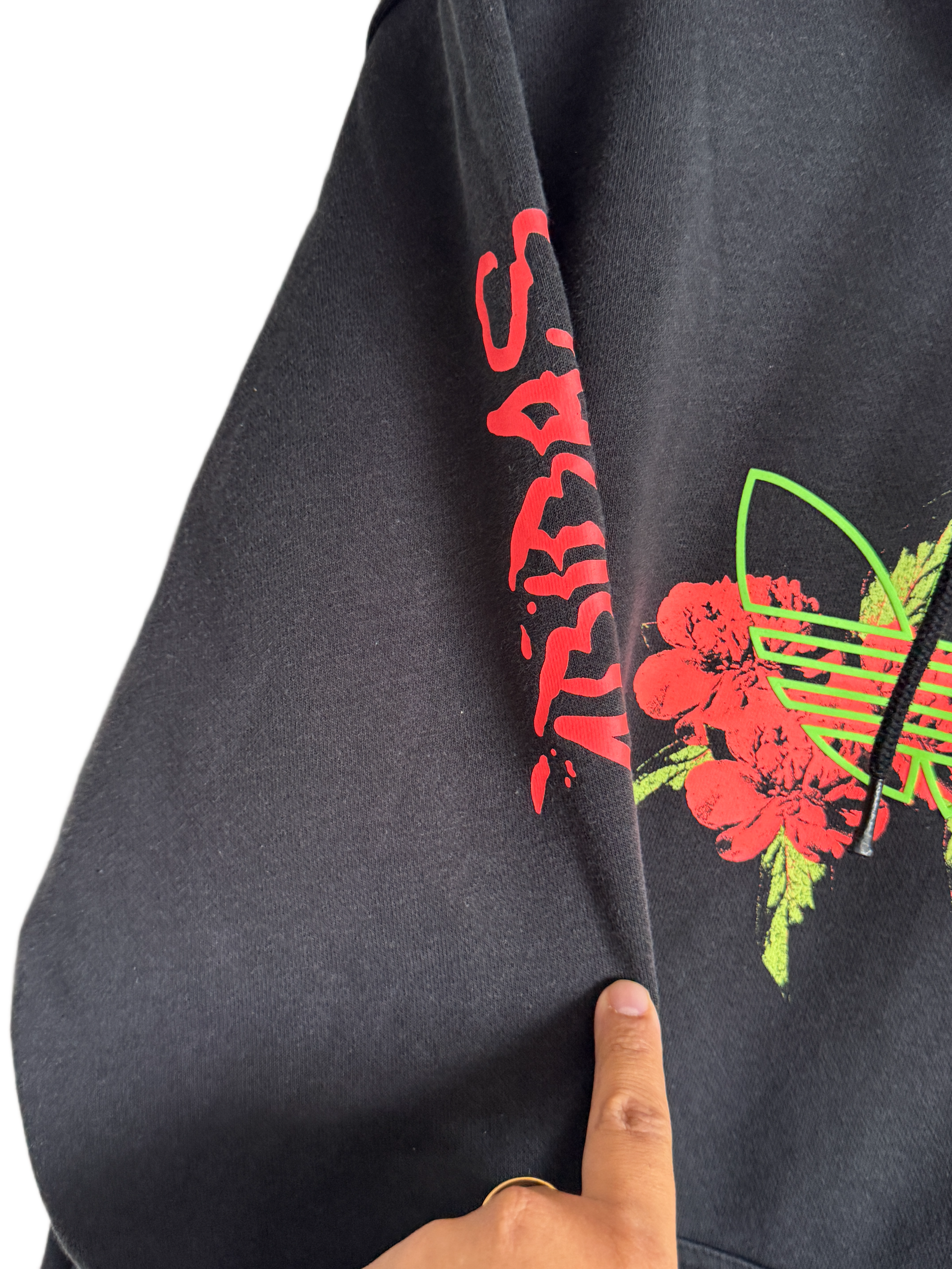 Adidas Trefoil Hoodie - Black with Floral Graphic Print- M