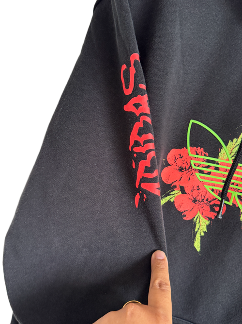 Adidas Trefoil Hoodie - Black with Floral Graphic Print- M