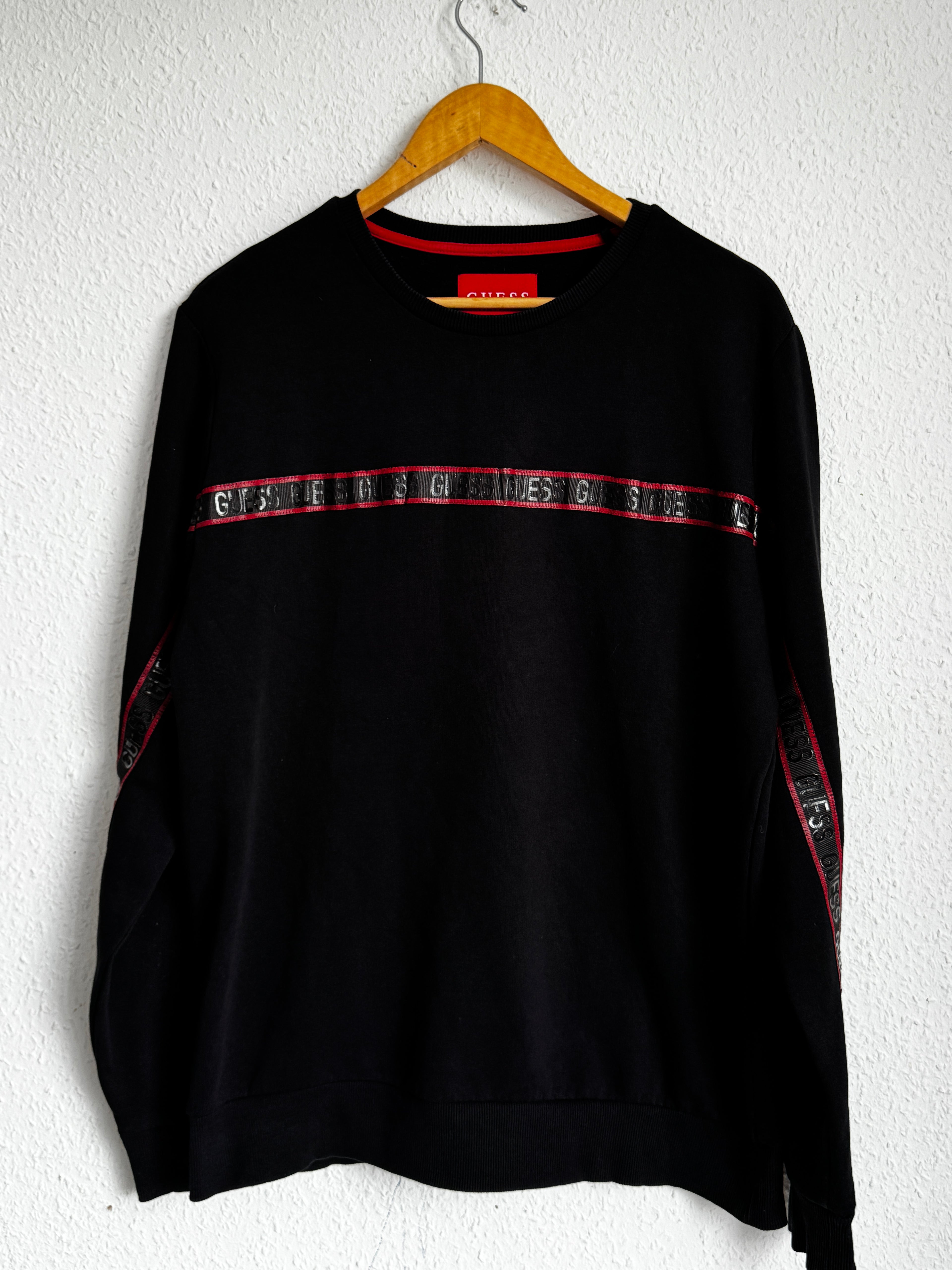 GUESS Los Angeles Black Sweatshirt with Red Logo Stripe, Size L