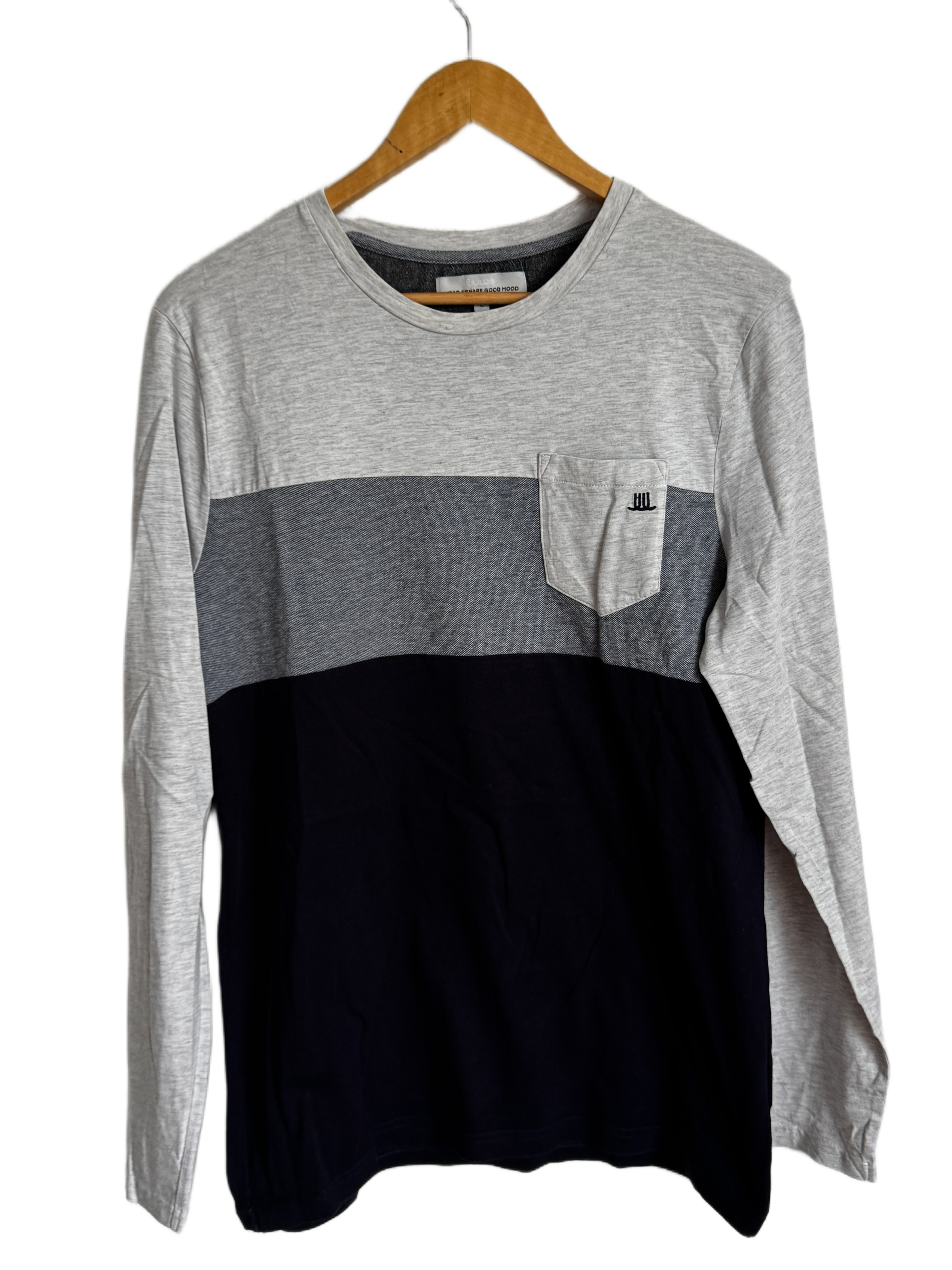 Men's Grey, Blue, and Black Color Block Long-Sleeved T-Shirt