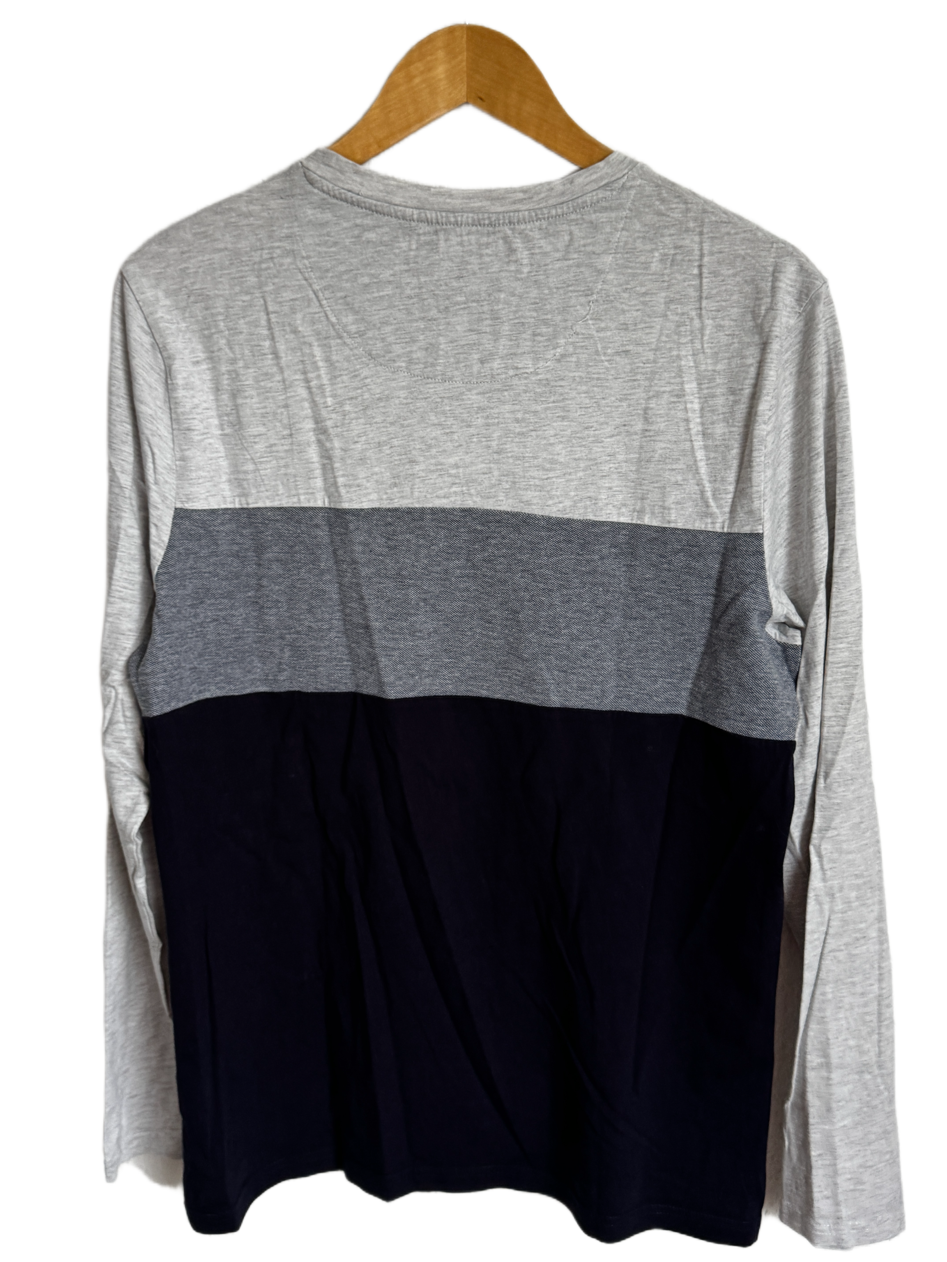 Men's Grey, Blue, and Black Color Block Long-Sleeved T-Shirt