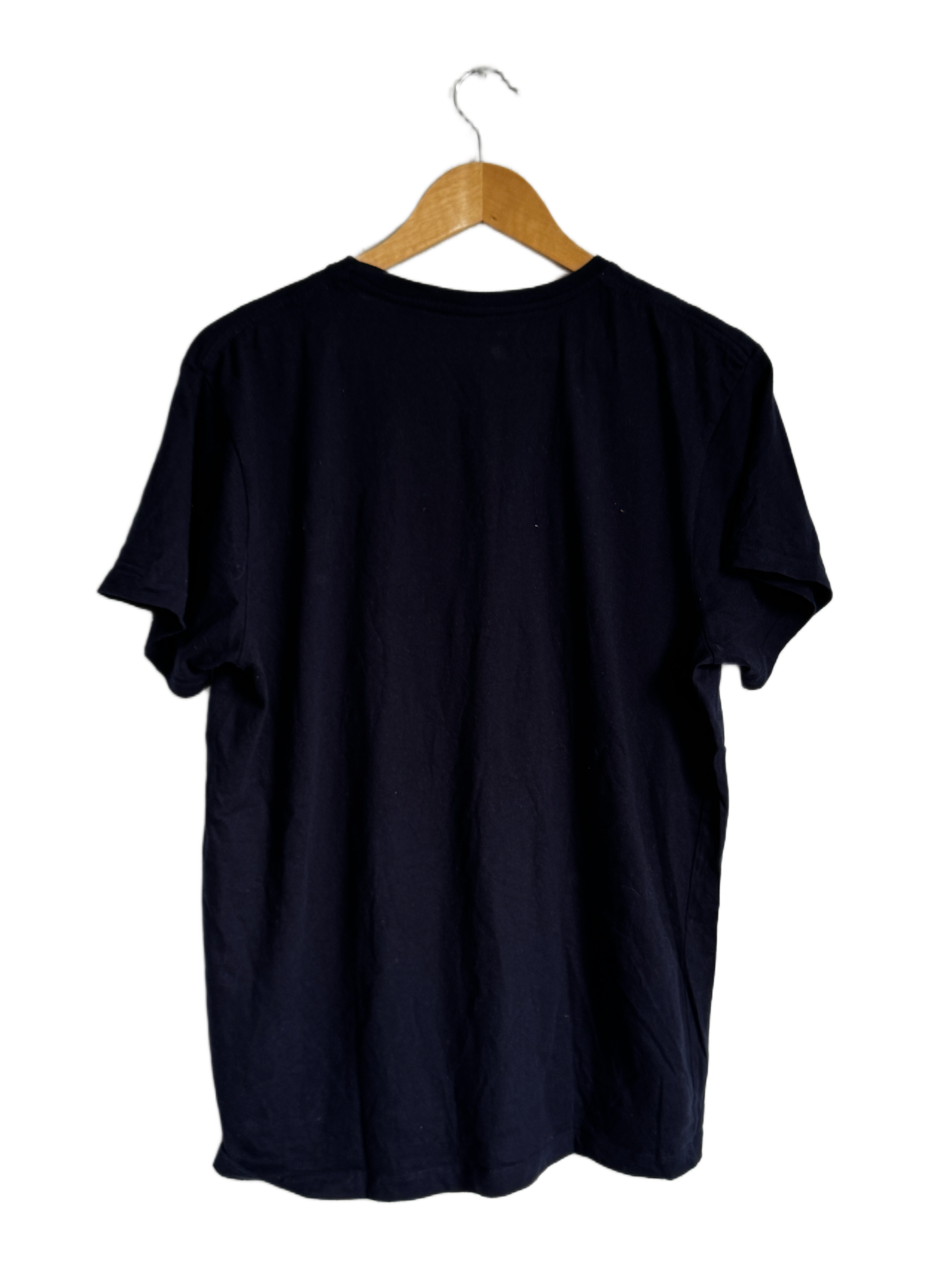 Men's navy blue t-shirt with a unique embroidered cat design on the chest.